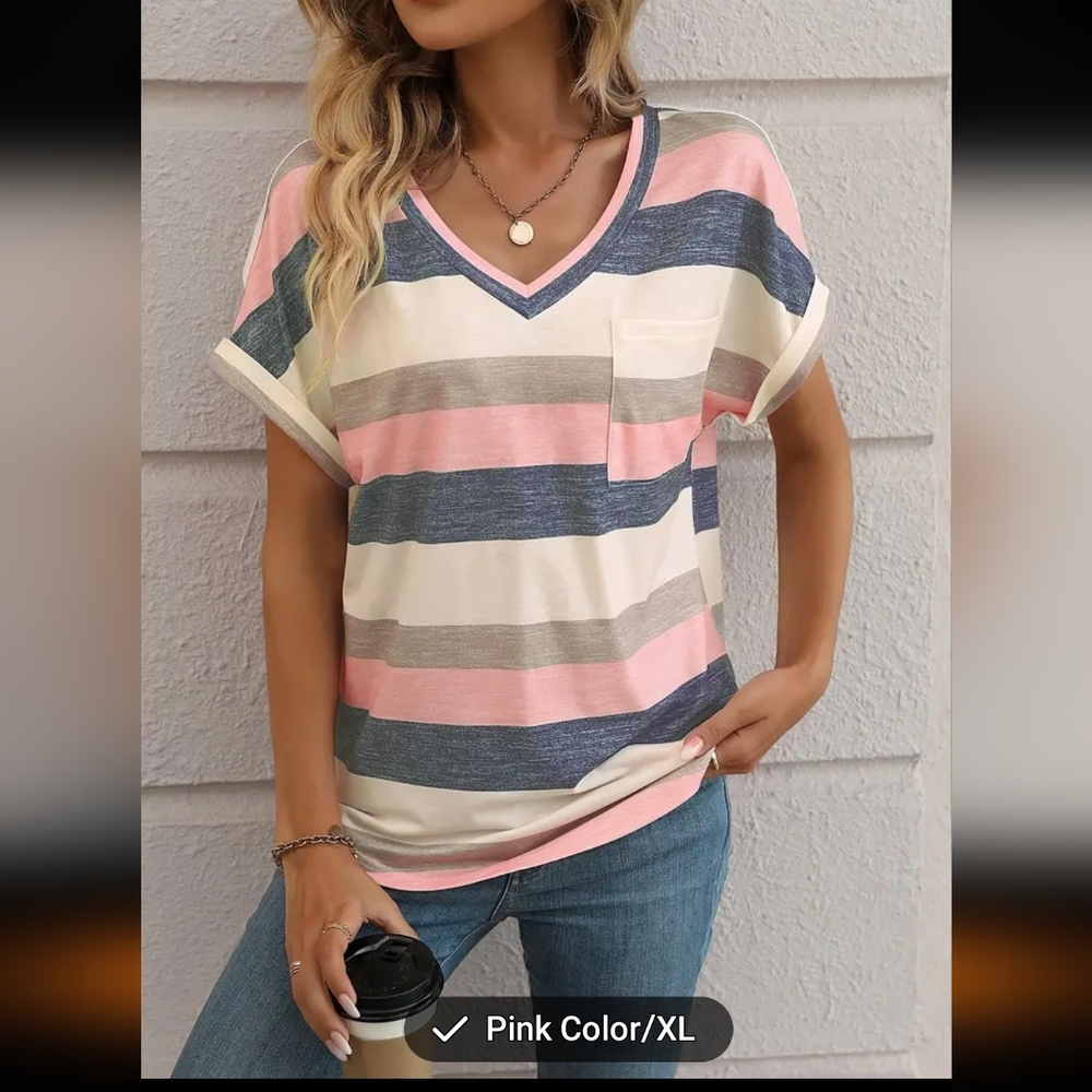 Women's Casual Striped V-Neck Short Sleeve T-Shirt, Colorful Relaxed Fit Tee
